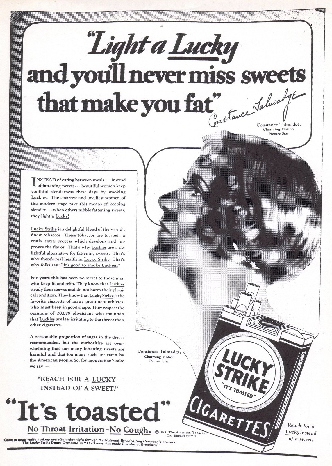 1929 Lucky Strike advertisement featuring film star Constance Talmadge: 'Light a Lucky and you'll never miss sweets that make you fat'