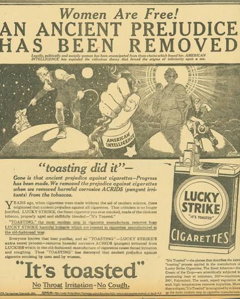 1929 Lucky Strike advertisement headlined 'Women Are Free! An Ancient Prejudice Has Been Removed,' co-opting suffrage and emancipation language to sell cigarettes