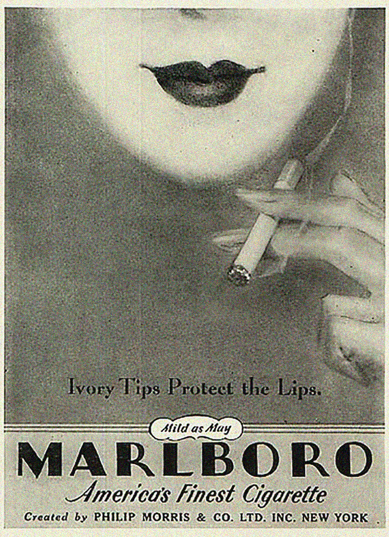 Original Marlboro cigarette advertisement, early 20th century, reading 'Ivory Tips Protect the Lips,' marketed to women before the brand's later masculine rebrand