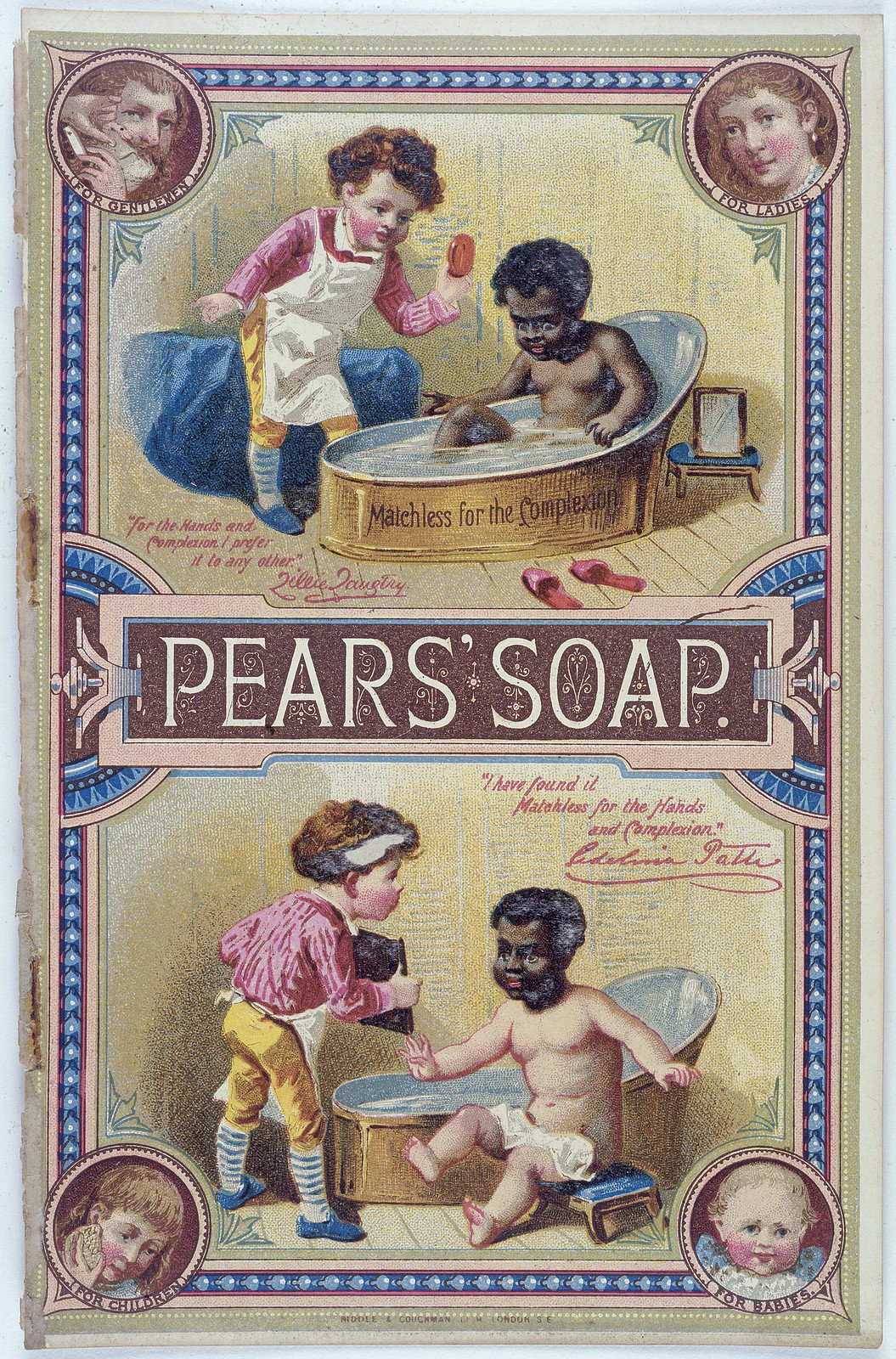 1880s Pears' Soap advertising booklet cover, 'Matchless for the Complexion,' showing a white child bathing a Black child, with celebrity testimonials from Lillie Langtry and Adelina Patti