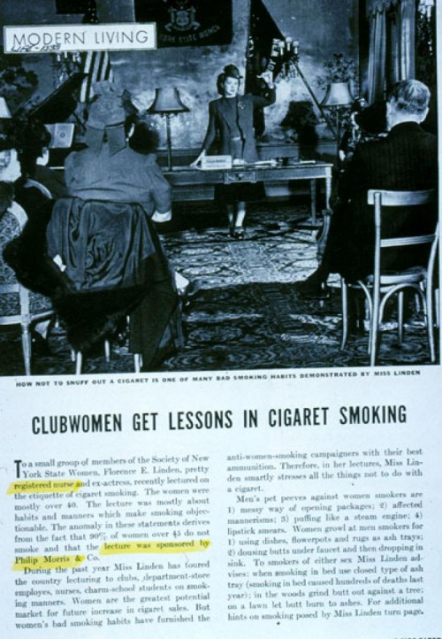1940s magazine article showing a registered nurse demonstrating cigarette smoking etiquette to a group of women